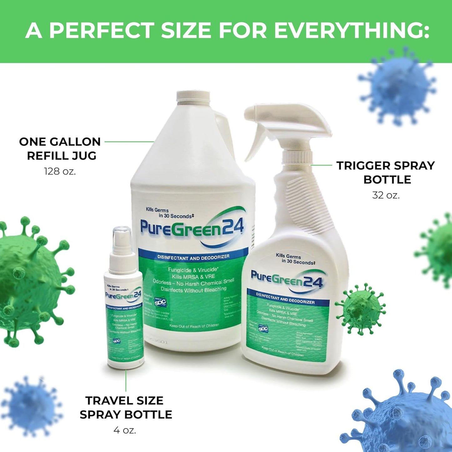 PureGreen24 Safe & Effective Disinfectant. Kills Deadly Germs including RSV COVID-19 Norovirus MRSA Staph 2025 flu Contains no toxic chemicals odorless child & pet safe 4 gallon bottles ready to use