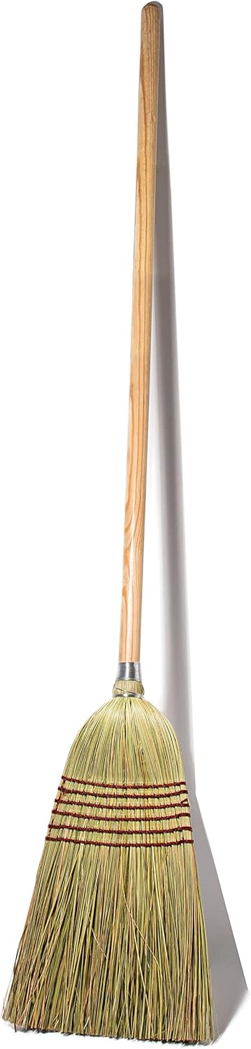 Corn Broom with Wood Handle Heavy Duty Indoor Outdoor Broom (1 1/4 Inch Handle)
