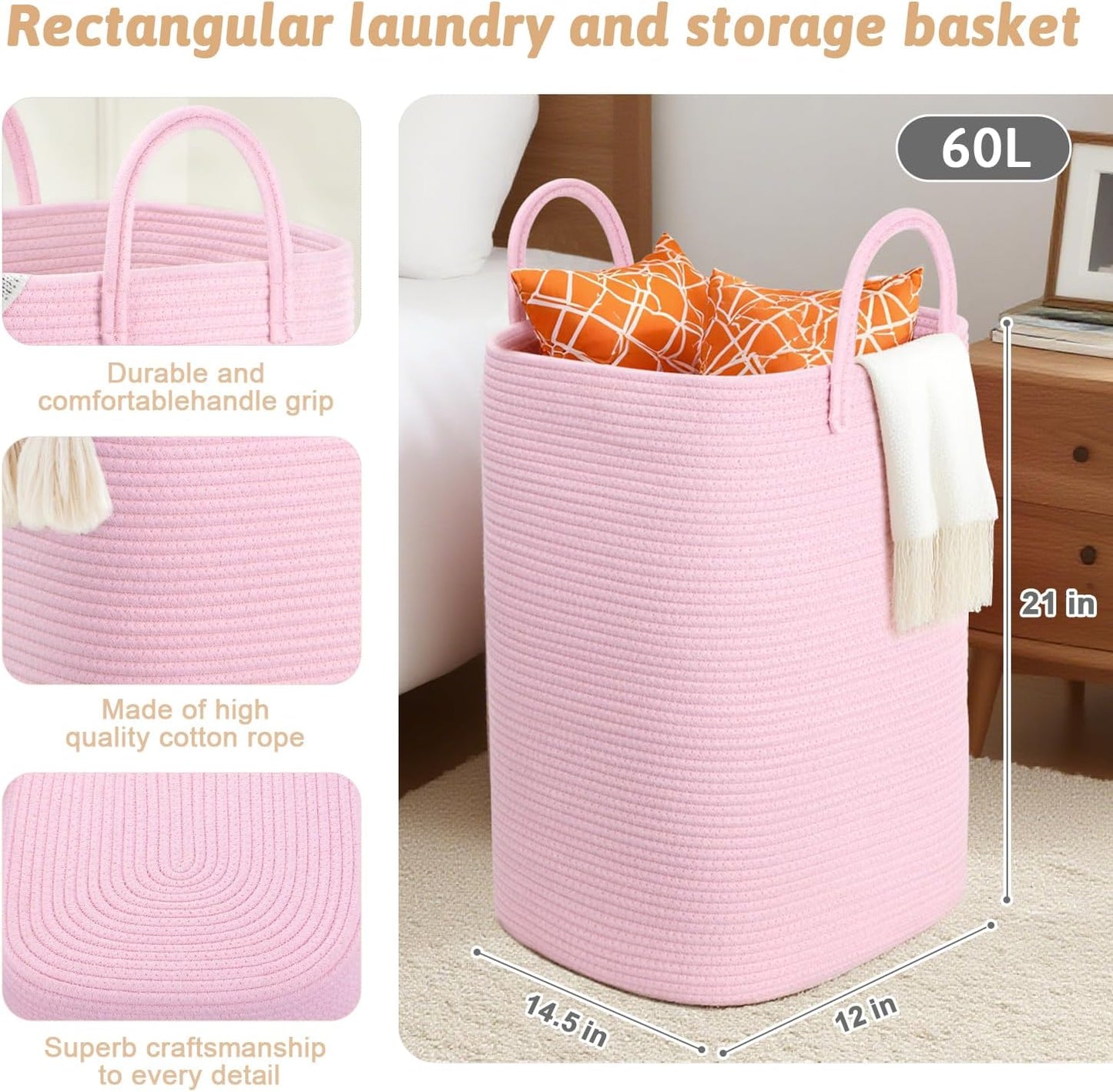 Laundry Basket,Woven Cotton Rope Laundry Hamper,60L Versatile Storage for Dirty Clothes,Baby Toys,and Blankets in Bathroom, Nursery,and Living Room