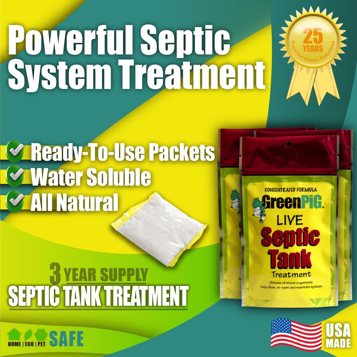 GREEN PIG Septic Tank Treatment - 12 Pods, Septic Safe Clog Remover, Prevents Expensive Septic Tank and Drain Field Failures, 3-Year Supply