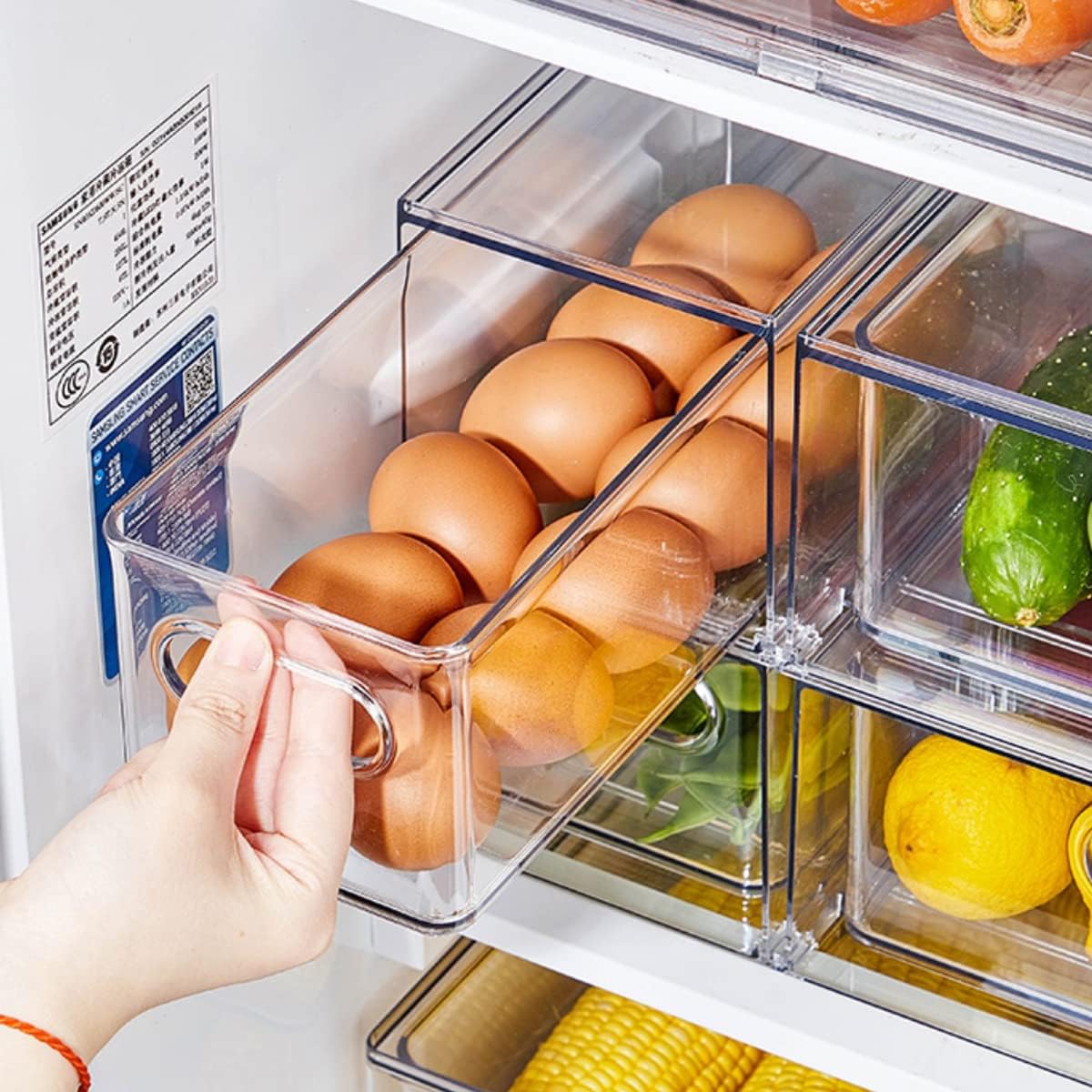 MineSign 4Pack Stackable Fridge Drawers Pull-out Storage Bins with Handle Clear Food Container for Refrigerator Plastic Dresser Organizer Fruit&Veggie Keeper for Freezer Cabinet Kitchen Organization
