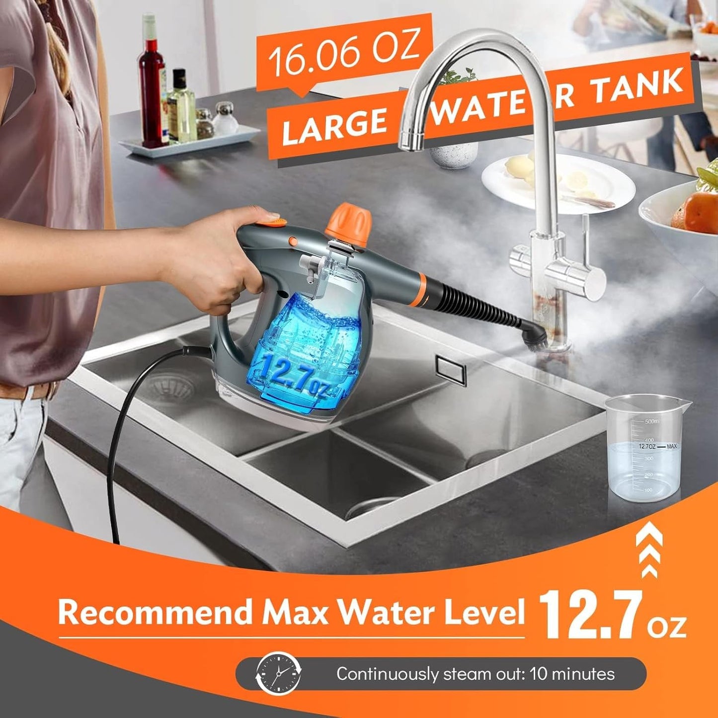 1250W Powerful Handheld Steam Cleaner with Detergent Container and Safety Lock, Multifunctional and Pressurized Hand Held Steamer for Kitchen, Bathroom, Windows and Floors, Steamer for Cleaning