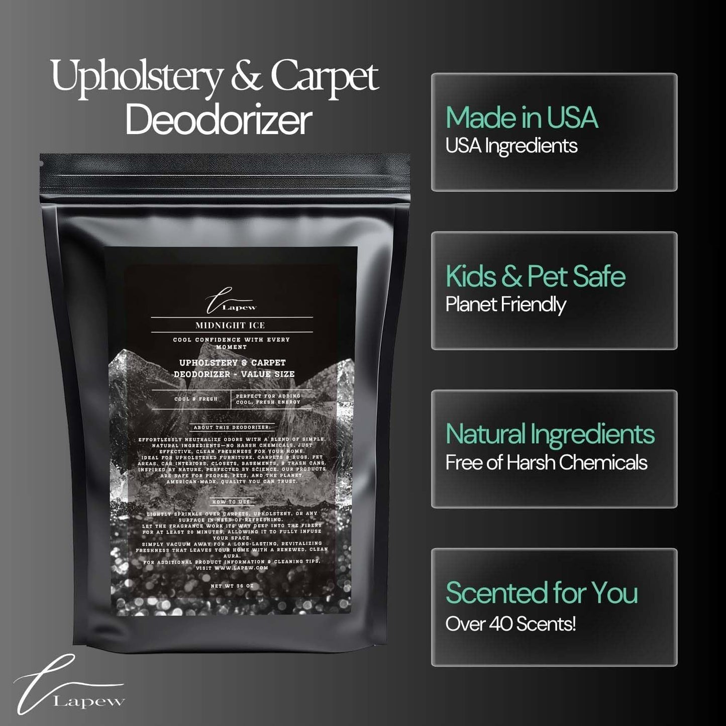 Midnight Ice Carpet Freshener Powder Refill 36 oz | Powerful Odor Eliminator for Home | Upholstery Deodorizer | Carpet Deodorizer | Pet Urine | Cat Litter Box | Black Ice Fragrance