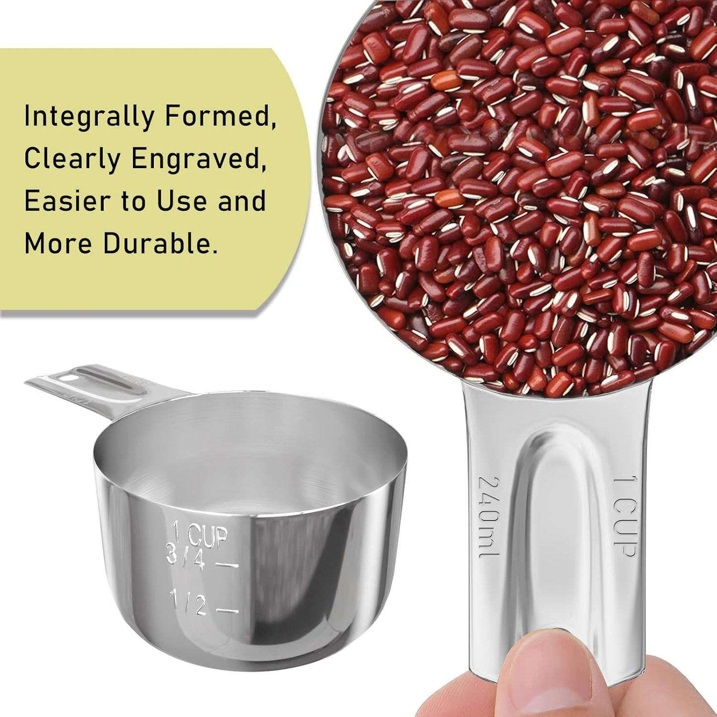 1PCS 1Cup (240ml, 8oz) Single Measuring Cup, Stainless Steel Measure Scoop, Metric and US Measurement, Dishwasher Safe