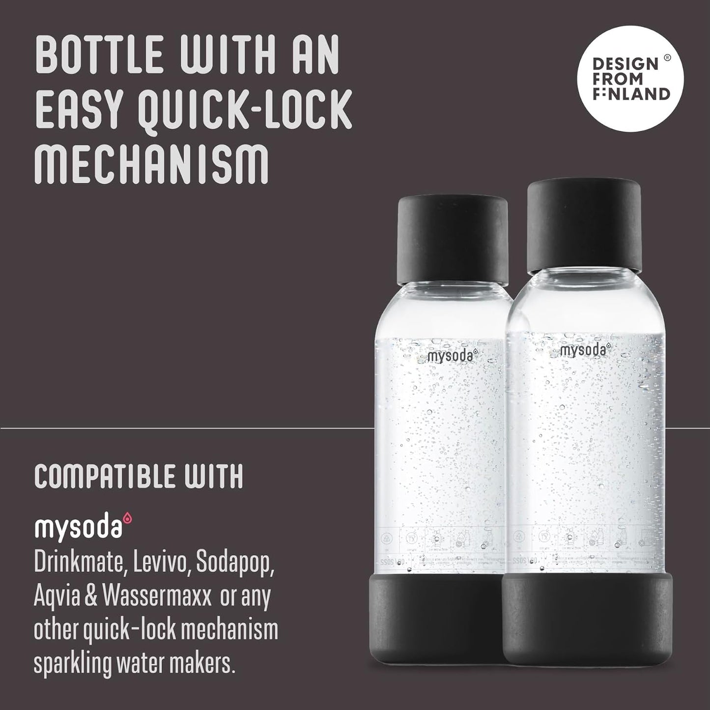 Mysoda Carbonating Bottles 2Pck 0.5L - Compatible with MySoda and any brands - Quick-Lock Reusable Bottles - Lid and Base Made of Wood Composite - BPA Free - Black
