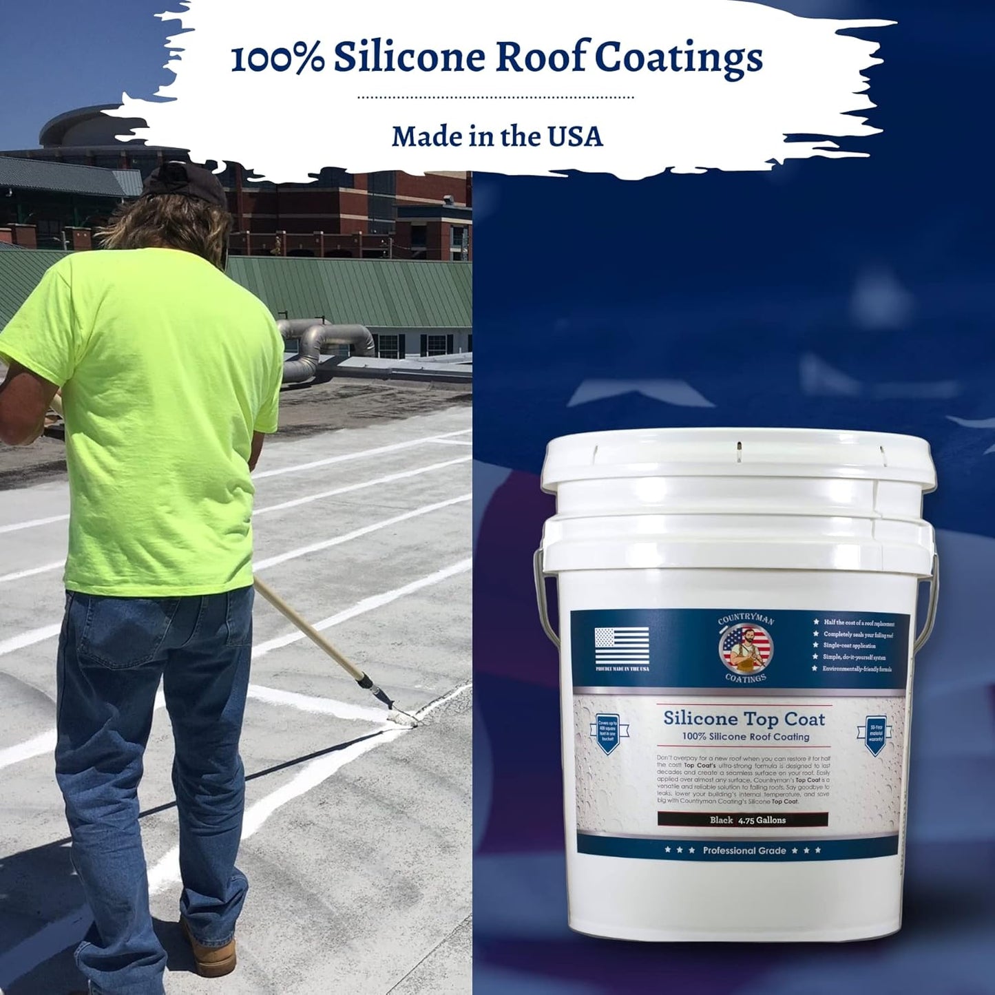 Countryman Coatings 100% Silicone Roof Coating - Restore Your Roof in a Day - Seal Leaks, Cracks, Seams, Penetrations - Adheres to All Surfaces (4.75 Gallon, Black)