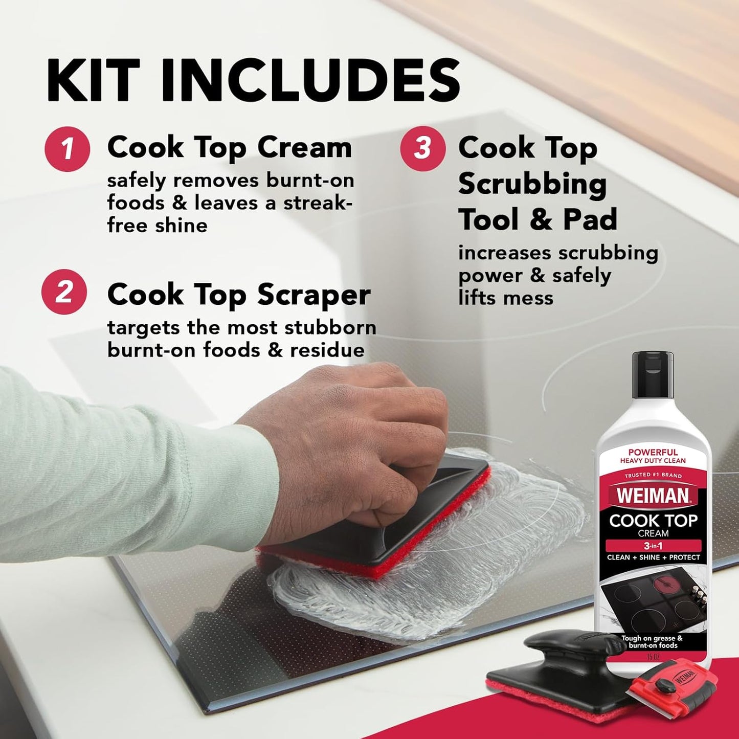 Weiman Cooktop and Stove Top Cleaner Kit - Glass Cook Top Cleaner and Polish 10 oz. Scrubbing Pad, Cleaning Tool, Razor, Scraper