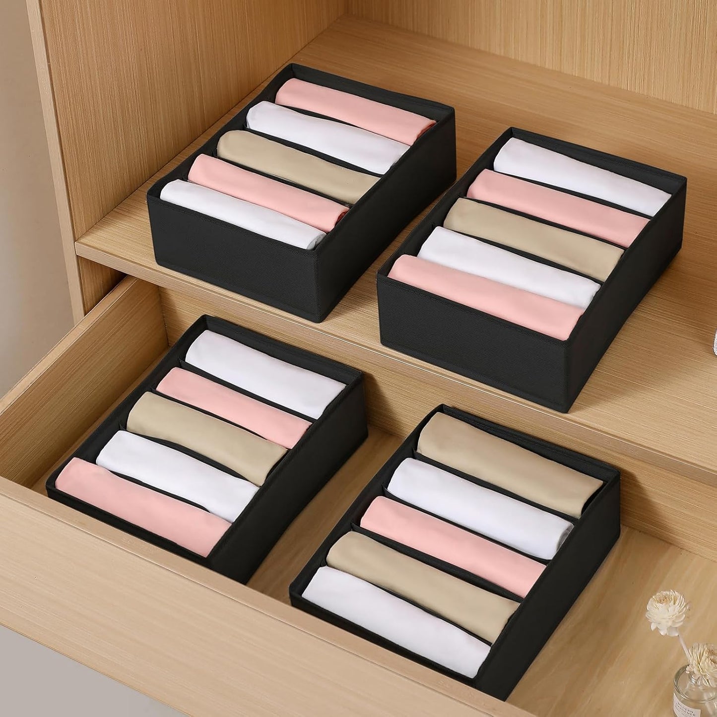 4 Packs T-shirt Drawer Organizers for Clothing,5 Grids Compartment Wardrobe Storage Box, Washable Clothes Organizer for Folded Clothes, T-shirt, Legging, Silk Scarve-Black