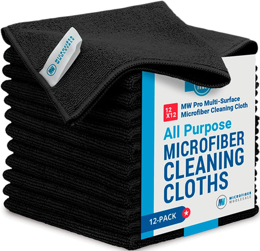 12" x 12" Pro Multi-Surface Microfiber Cleaning Cloths | Black - 12 Pack | Premium Microfiber Towels for Cleaning Glass, Kitchens, Bathrooms, Automotive, Supplies & Products