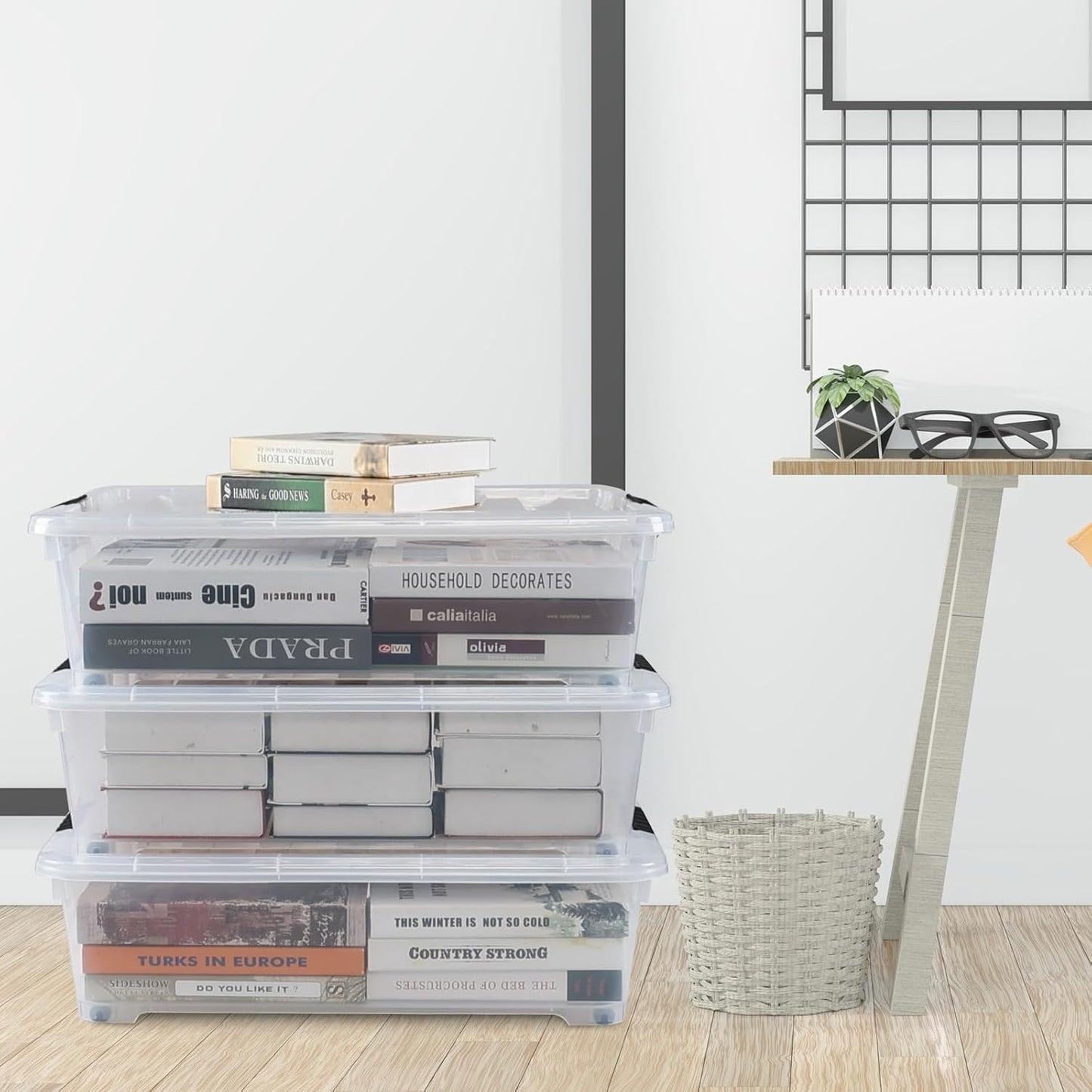 4-Pack 25 Quart Under Bed Plastic Storage Bins, Clear Under Bed Storage Box Container with Wheels