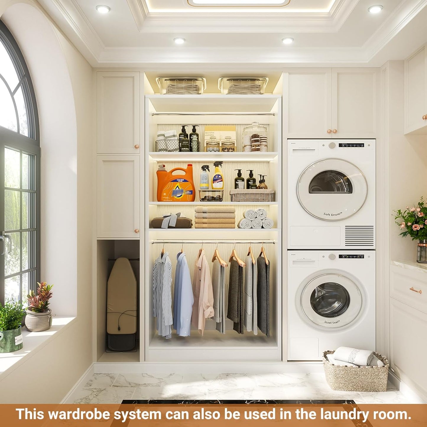 Unikito 3FT Freestanding Closet System with 2 Hanging Rods & Adjustable Shelve, 36'' Wood Closet Organizer System, Clothes Garment Rack, Sturdy Walk-in Closet Tower, Easy Assembly, Hold 800LBS, White