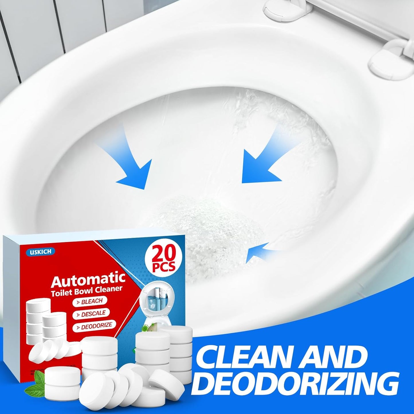 USKICH 20 Pack Toilet Bowl Cleaner Tablets,White Automatic Toilet Tank Cleaners, Long-Lasting Household Toilet Cleaners,Toilet flush Cleaning & Deodorizer