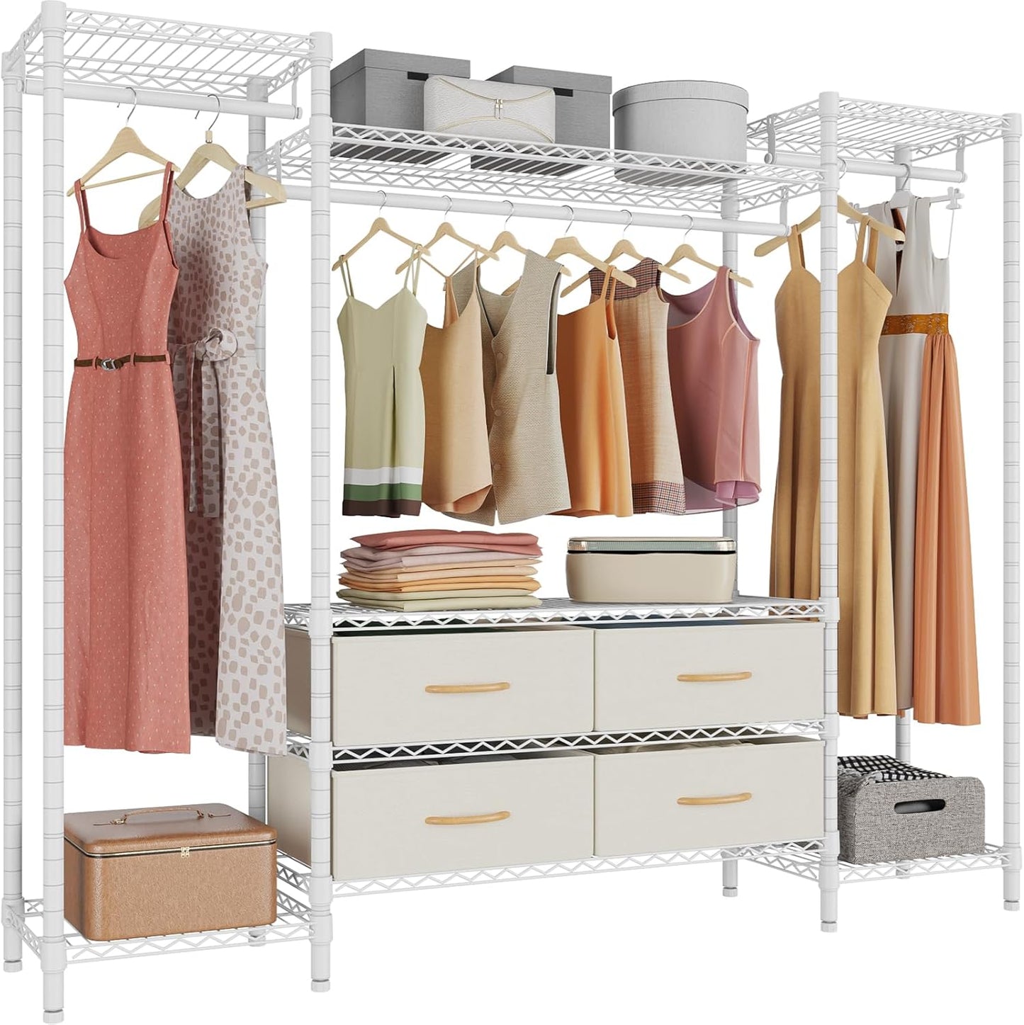 VIPEK V20 Wire Garment Rack Heavy Duty Clothes Rack, Metal Clothing Rack with 6 Shelves, 3 Hang Rods & 4 Fabric Drawers, Compact Freestanding Closet Wardrobe, 56.7" L x 14.6" W x 70.9" H, White