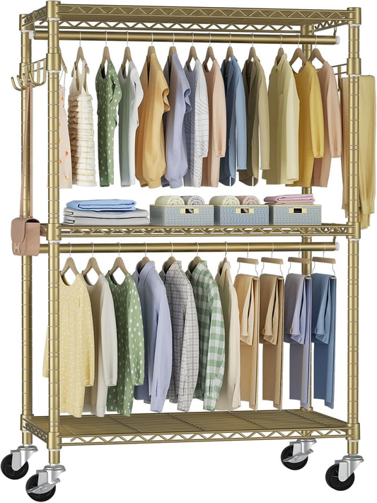 FUTASSI P1 Rolling Clothes Rack, Movable Metal Garment Closet Organizer with Lockable Wheels, Clothing Wardrobe with Double Hanger Rods and Hooks, 35.4" W x 15.7" D x 80.5" H, Load 450lbs, Gold
