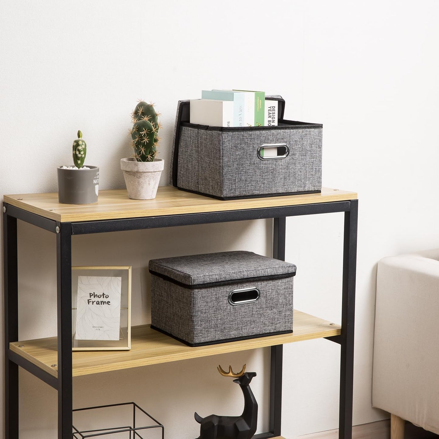 PRANDOM Storage Bins with Lids [3-Pack] Linen Fabric Foldable Storage Boxes Organizer Containers Baskets Cube with Cover for Home Bedroom Closet Office Nursery Grey（11.4X8.6X6.7