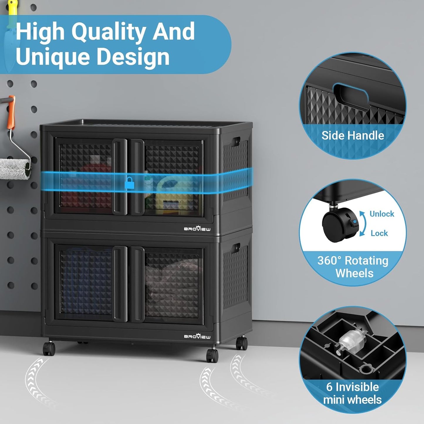 BROVIEW 100 Qt Stackable Storage Bin with Lid & Doors, 1 Pack Plastic Closet Organizer and Storage Drawer with Wheels, Large Collapsible Storage Box, Cabinet for Home, Office, V10, Black