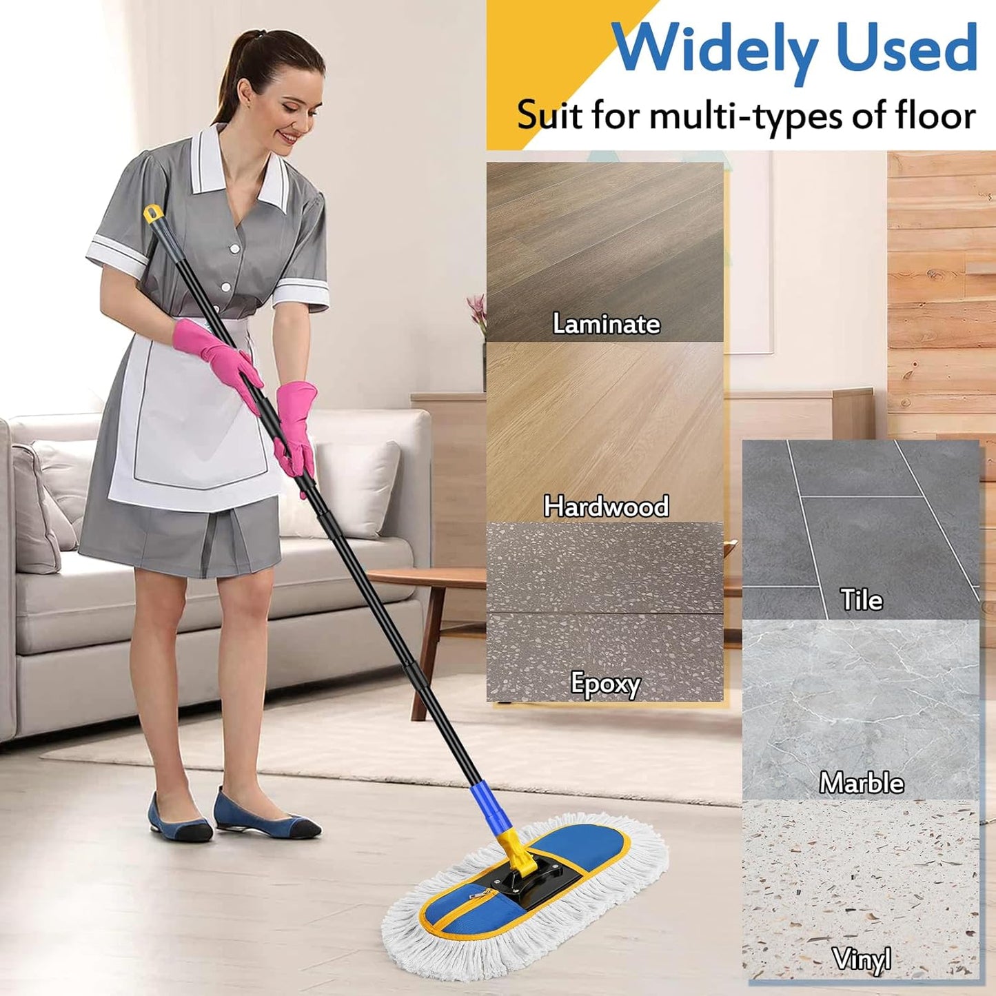 16 Inch Commercial Dust Mop Replacement Heads, 2 Pack Heavy Duty Industrial Cotton Mop Refill Pads Washable for Hardwood Vinyl Laminate Floors Kitchen Warehouse Courtyard Cleaning,Blue