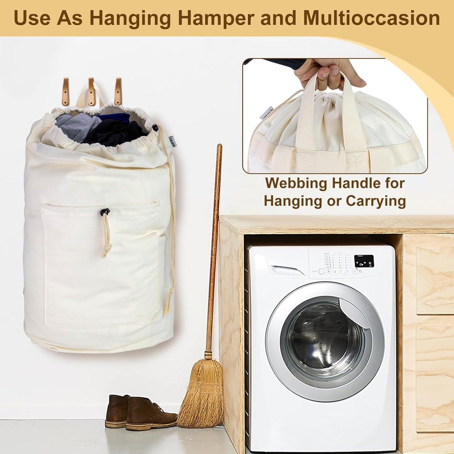 Laundry Bag Backpack, Canvas Laundry Bag with Straps & Drawstring Closure Washable Dirty Cloth Hamper Bag with Large Front Pocket for College, Travel, Laundromat, Camping (Beige)