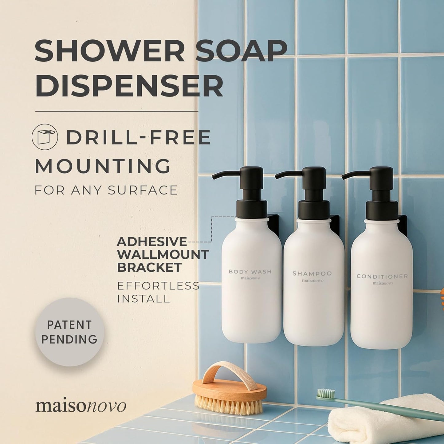 MaisoNovo Shampoo and Conditioner Dispenser - Shower Soap Dispenser Wall Mounted - 16.9 fl oz Set of 3 White Plastic Bottles Black Pump - 3 Chamber No Drill