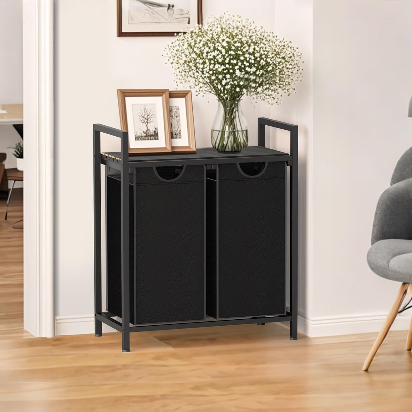 Laundry Hamper, Laundry Sorter with 2 Pull-Out Removable Oxford Fabric Bags Cloth Laundry Basket 2 x 10 Gallons (Charcoal Black)