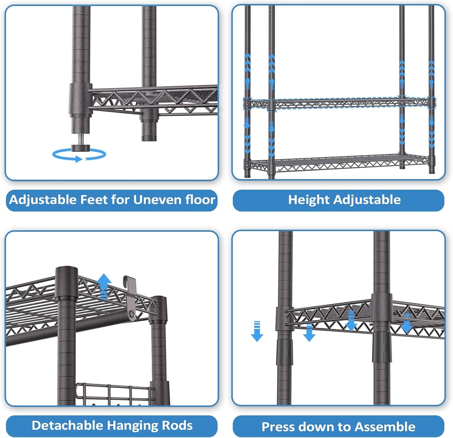 IZEUK 3 Tier Heavy Duty Garment Rack Wire Clothes Rack for Hanging Clothes, Metal Freestanding Closet Wardrobe Rack with 1 Rod and Side Hooks Dark Grey 15.7" D x 45.3" W x 72.4" H