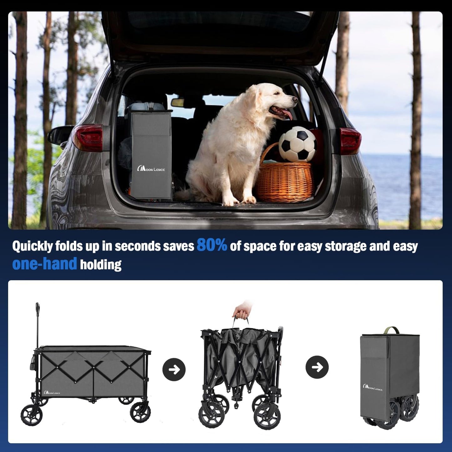 Moon Lence Collapsible Folding Wagon Cart Heavy Duty Folding Garden Portable Hand Cart with All-Terrain Beach Wheels, Adjustable Handle & Drink Holders (Grey)