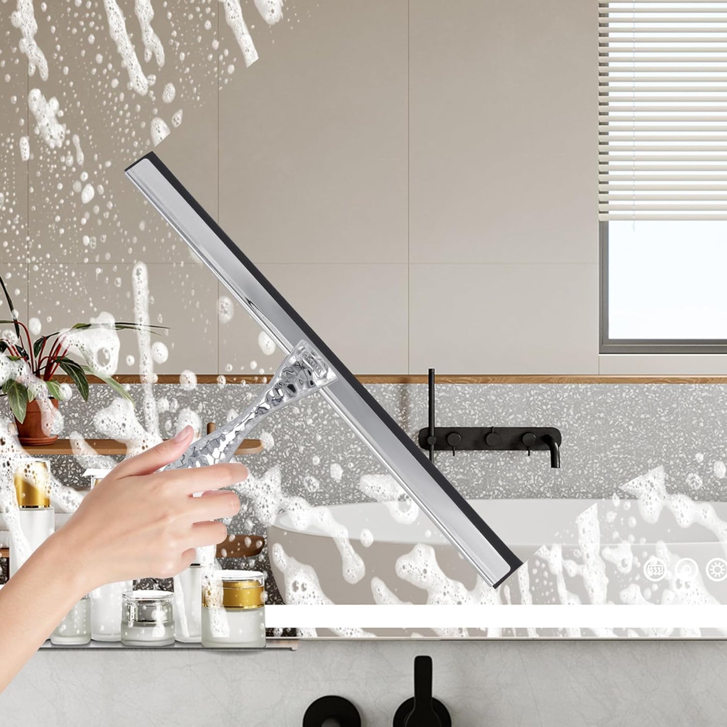 All-Purpose Silicone Shower Squeegee for Shower Glass Door,with 1 Hooks,for Bathroom Glass, Car, Tile Wall, Mirror Cleaning - Flower Shaped Handle for Easy-Grip 14 Inch Silver