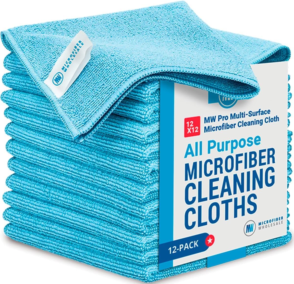 12" x 12" MW Pro Multi-Surface Microfiber Cleaning Cloths | Blue - 12 Pack | Premium Microfiber Towels for Cleaning Glass, Kitchens, Bathrooms, Automotive, Supplies & Products