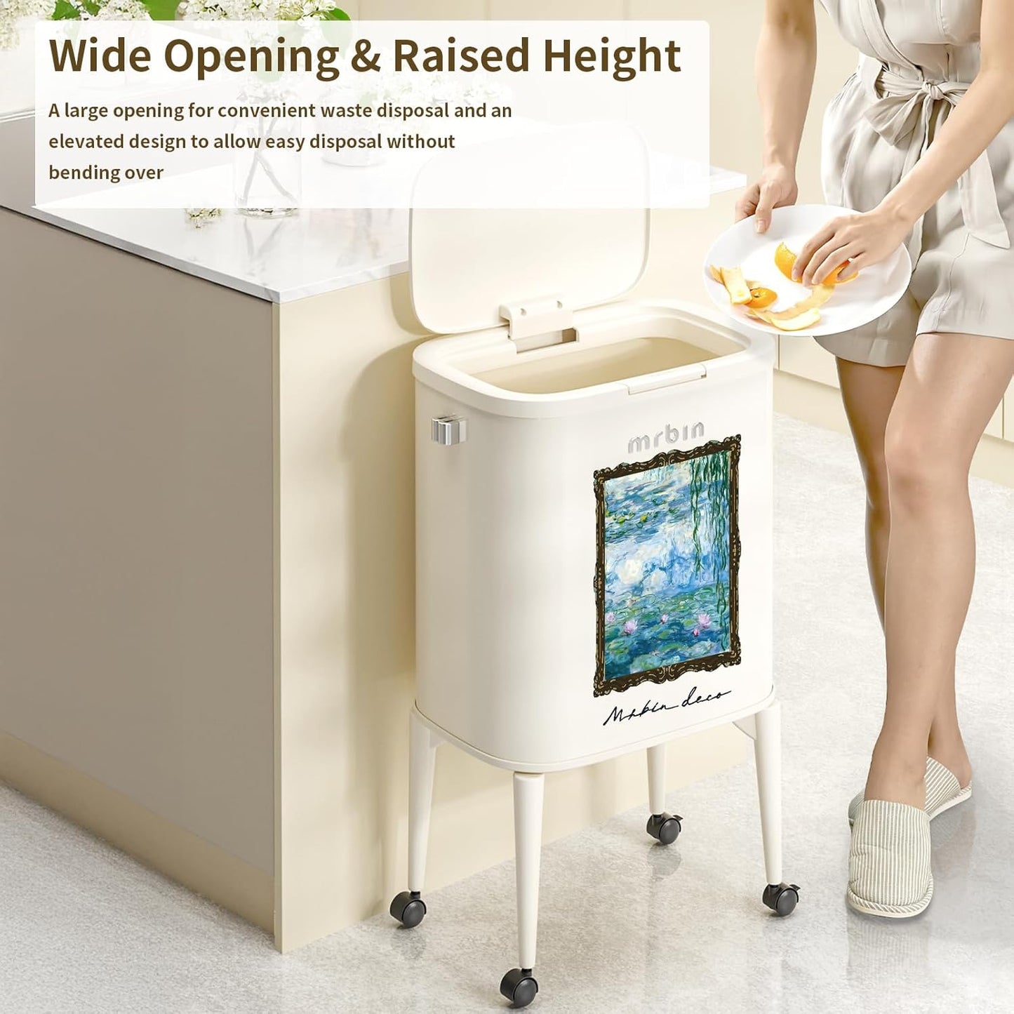 MRBIN Metal Kitchen Trash Can with Wheel Legs, 36L / 9.5gal Medium Press Lid Slim Removable Waste Basket, Pet Proof Tall Narrow Garbage Pail for Vanity, Bedroom, Bathroom, Living Room, Water Lily