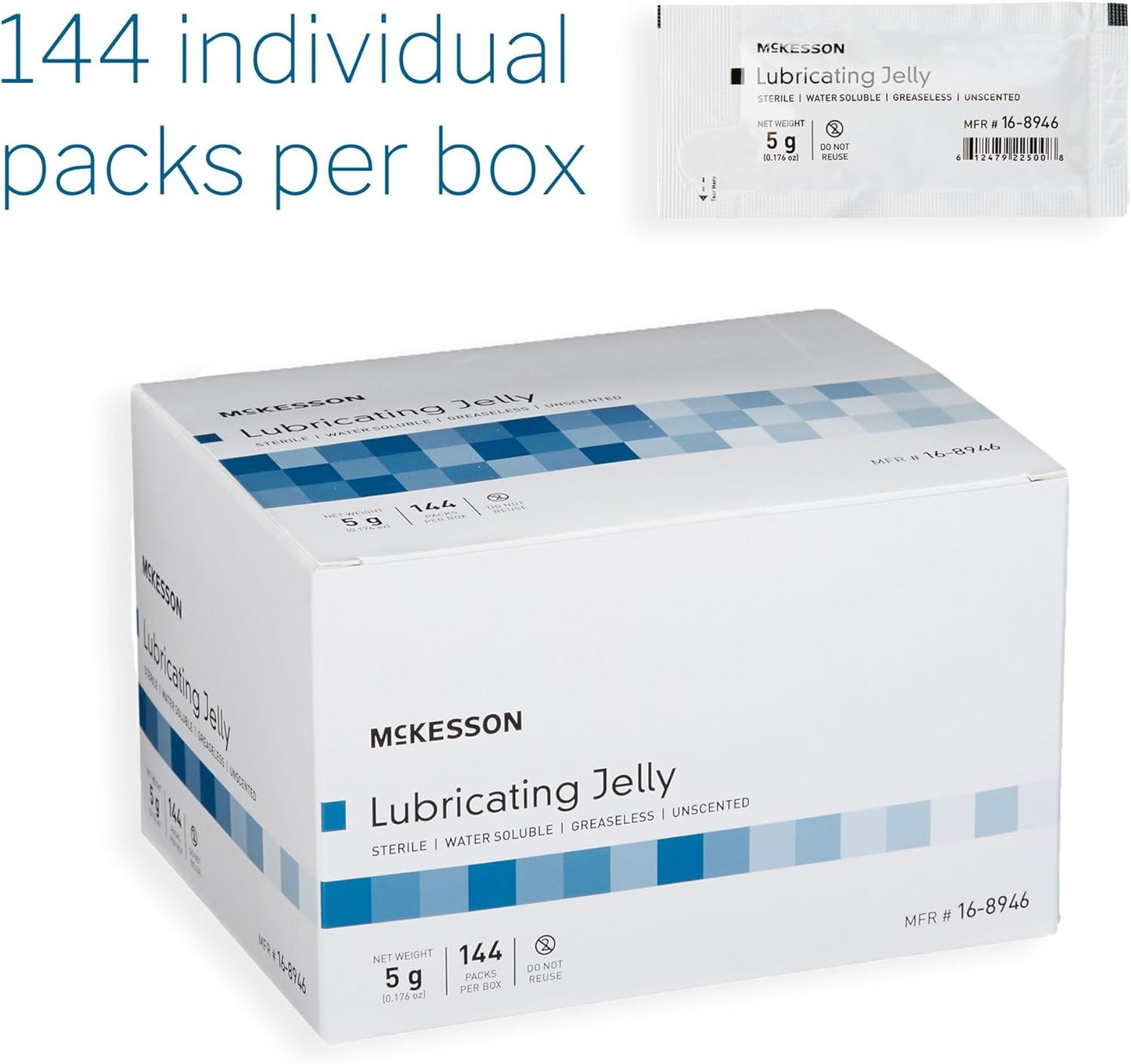 McKesson Lubricating Jelly, 5 g [144 Count] Water Based Non-Sticky Lube, Water Soluble Lubricant Gel - for Surgical, Medical, Personal – Sterile Individual Packets