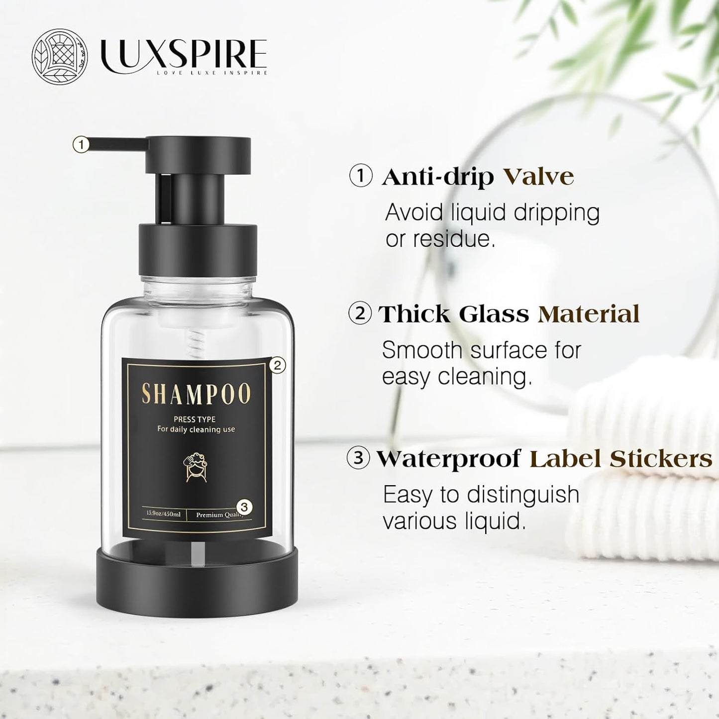 Luxspire Foaming Soap Dispenser, Glass Foam Pump Soap Dispenser, Non-Slip Hand Soap Dispenser with 5 Waterproof Labels, 15 Oz Refillable Liquid Soap Dispenser for Bathroom & Kitchen, Clear, 2 Pack