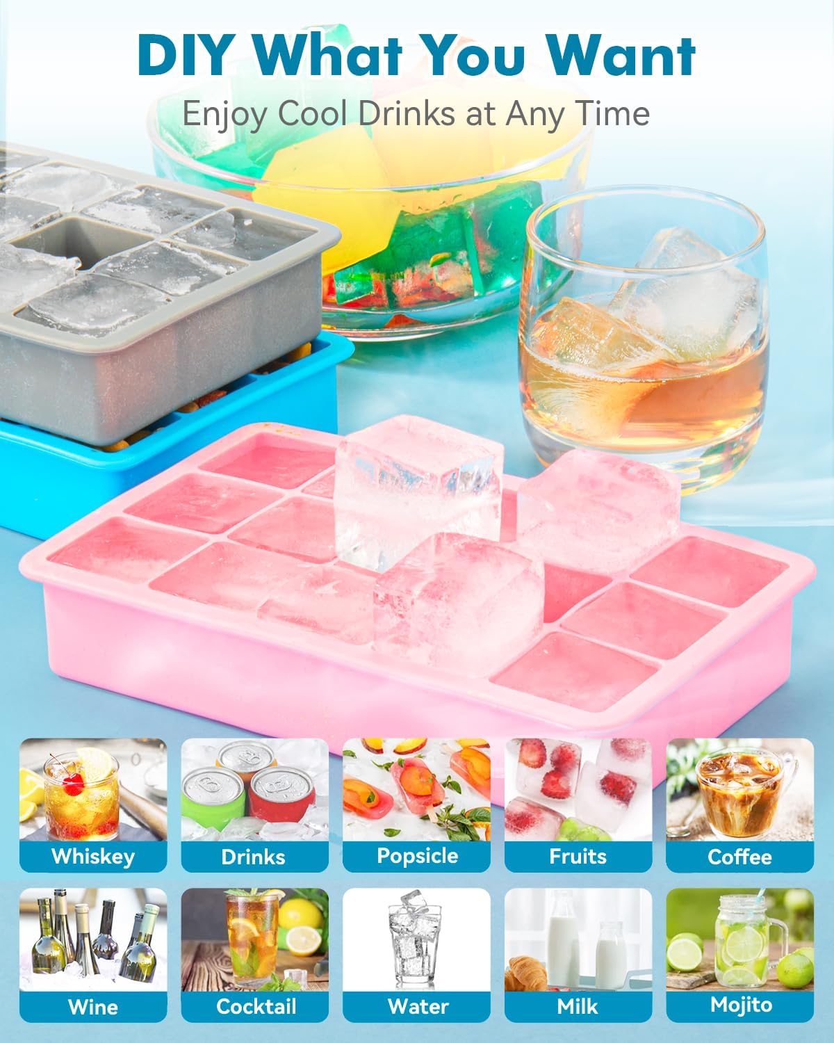 2 Pack Ice Cube Trays, ZDPMK Silicone Easy Release Flexible Molds 15 Ice Cubes Tray for Freezer，Cocktail，Whiskey，Reusable & BPA Free