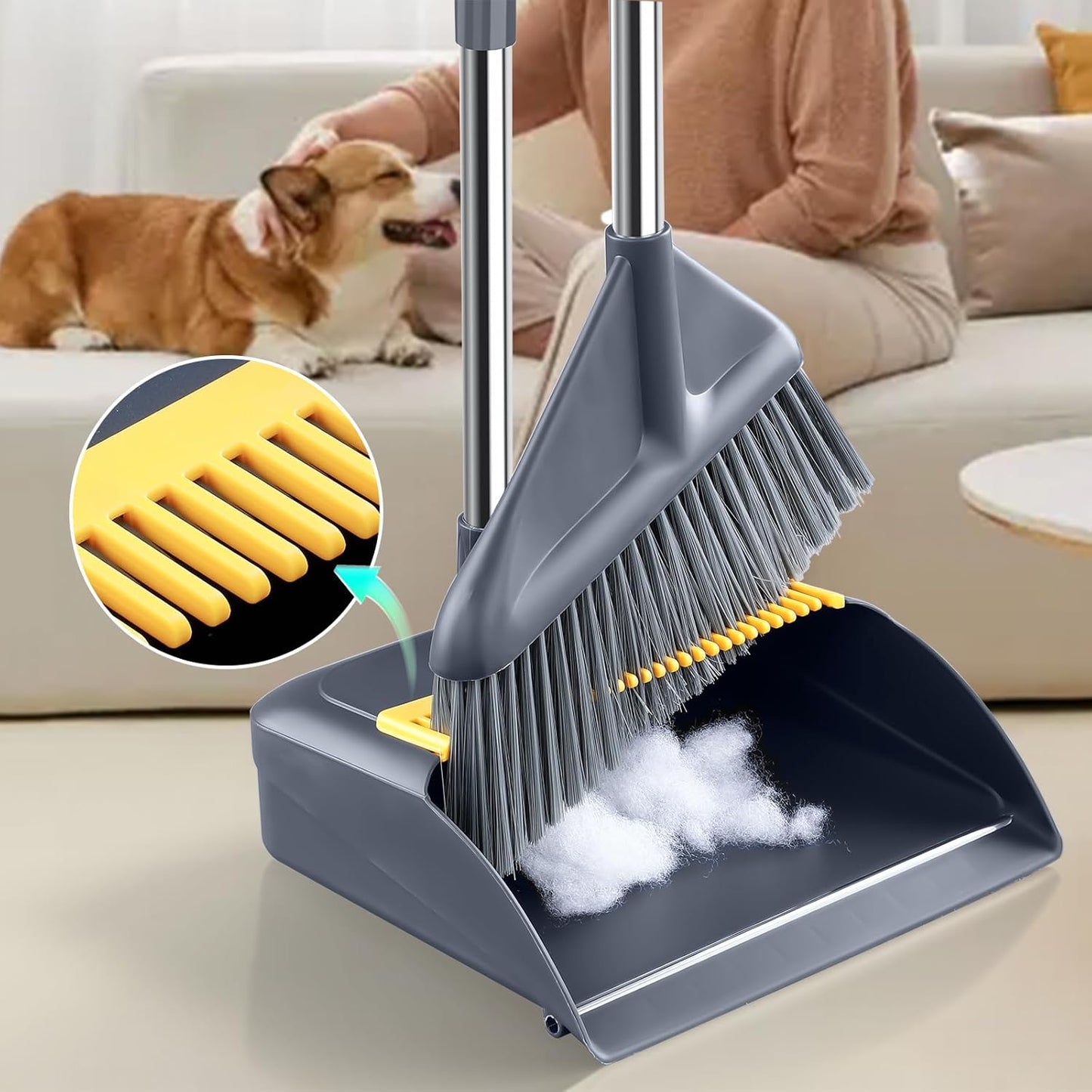 Broom and Dustpan Set for Home with 52 Inch Long Angled Handle - Stand Up Dustpan No Warping Metal Edge, Ergonomic Sweeping, 4 Layer Bristles and Hair Cleaning Teeth for Kitchen Office