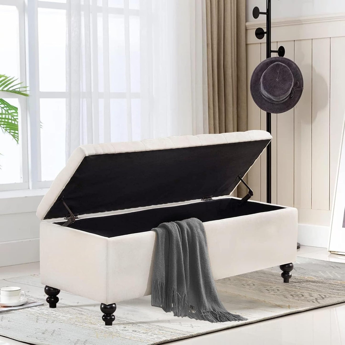 Living&Giving Storage Ottoman 50.2 Inches Upholstered Fabric Storage Ottoman Bench，Button Tufted Ottoman with Storage for Living Room，Bedroom End of Bed Bench Withstands 304lbs (Ivory-TP)