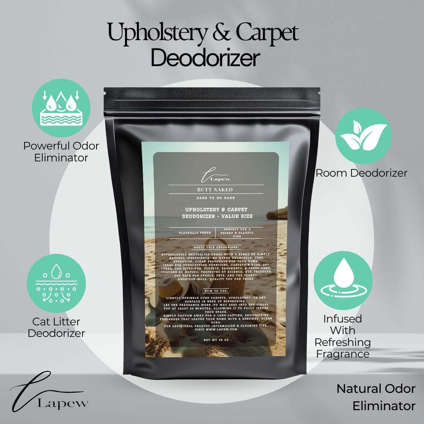 Butt Naked Carpet Freshener Powder Refill 36 oz | Powerful Odor Eliminator for Home | Upholstery Deodorizer | Carpet Deodorizer | Pet Urine | Cat Litter Box