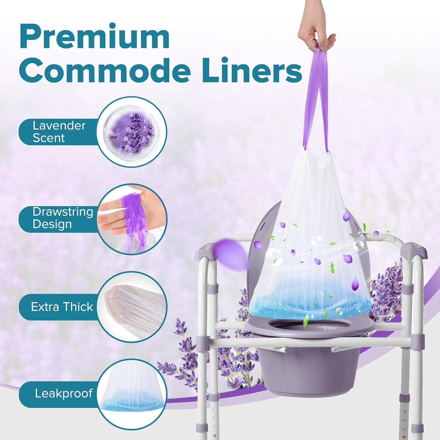 Maliton 120 Commode Liners with Absorbent Pads, Portable Toilet Bags for Bedside Commode Toilet, Lavender Scent Leakproof Bags Fit Most Commode Chairs and Potties (120 Potty Bags+120 Potty Liners)