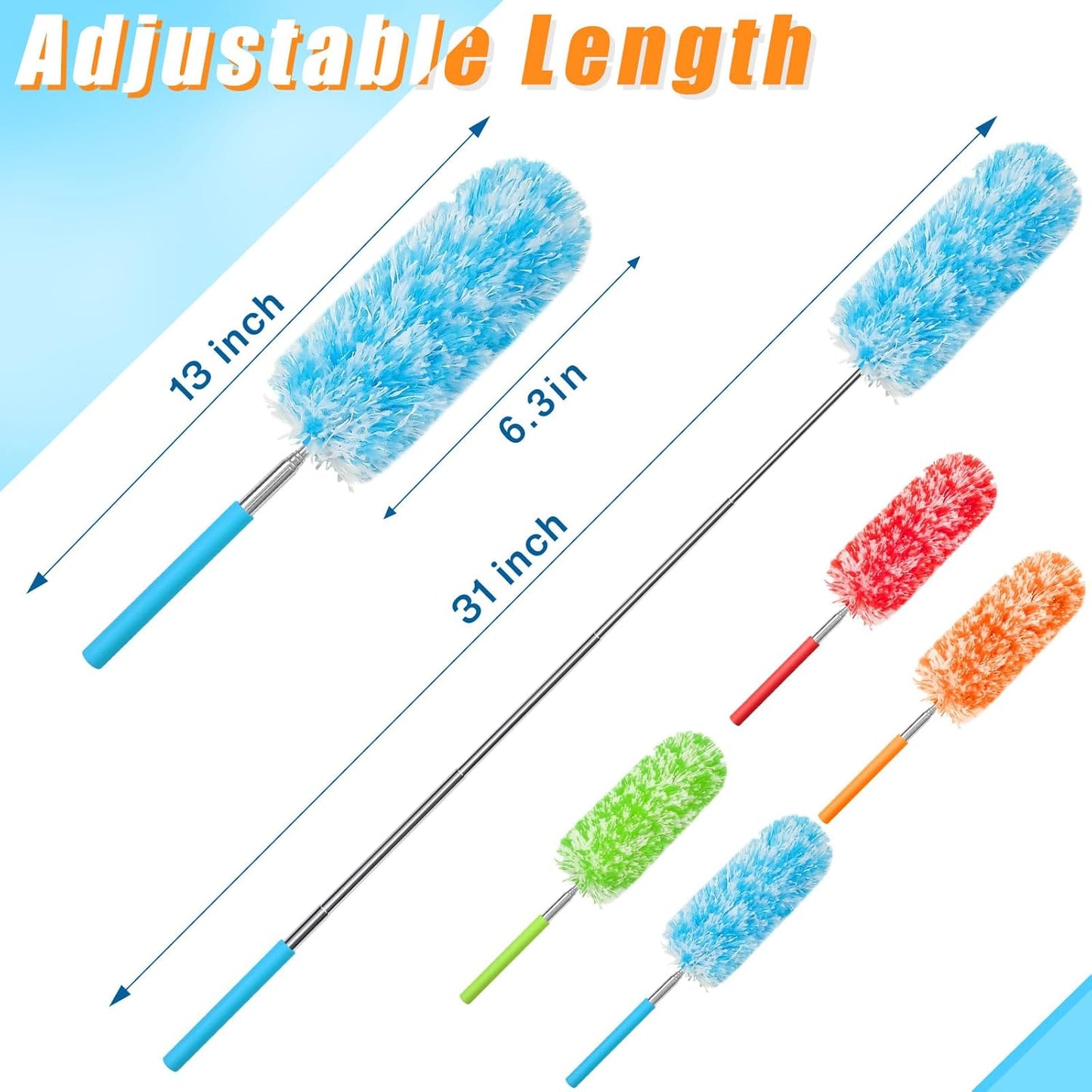 Tanlade 12 Pcs Microfiber Feather Duster for Cleaning 13-31 Inch Extendable Cobweb Dusters Ceiling Fan Duster Washable Bendable Tool for Office Car Window Furniture (Bright Color)