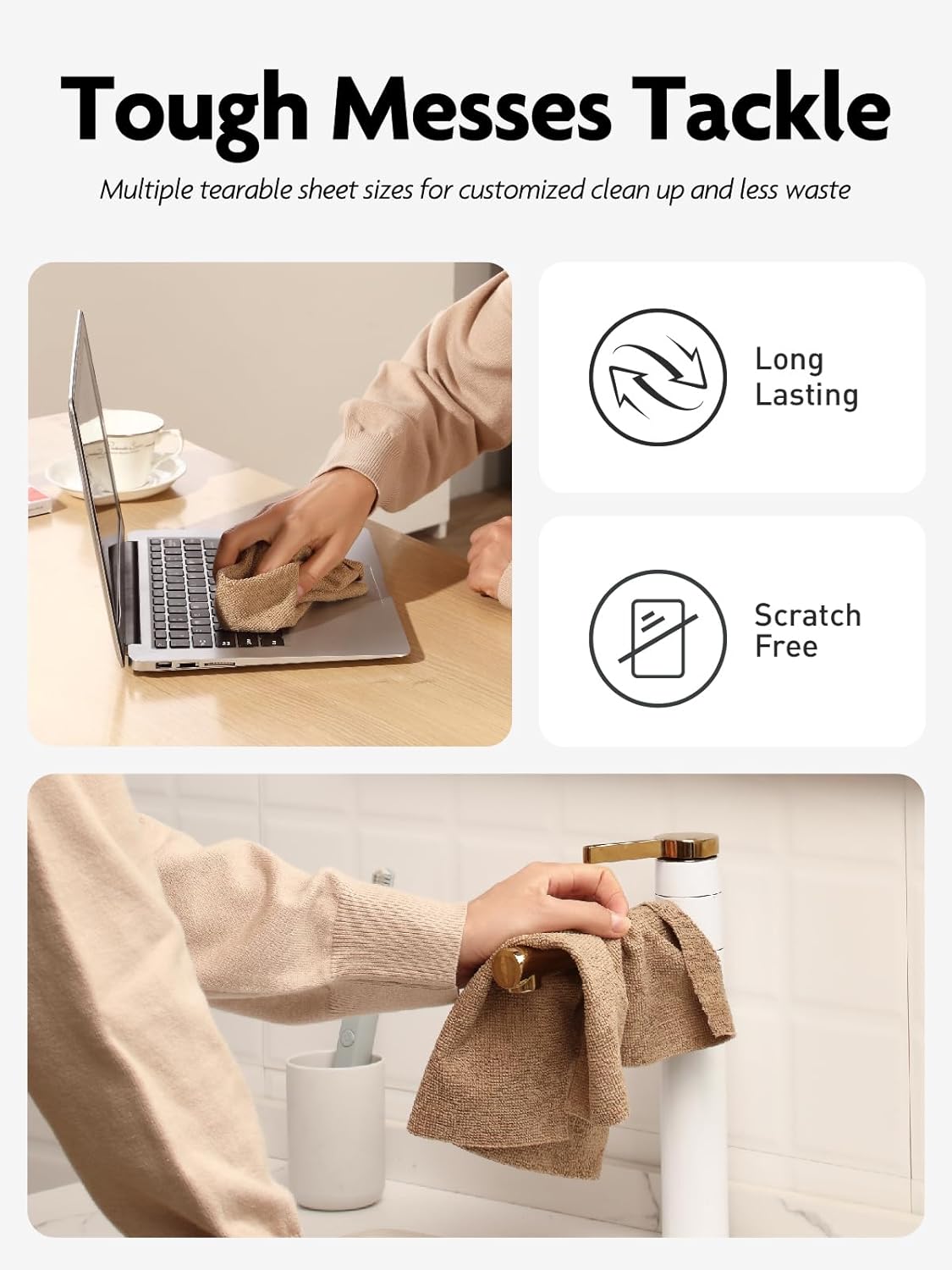 Fantasticlean Microfiber Cleaning Cloth Roll -60 Pack, Tear Away Microfiber Towels, 12" x 12", Reusable, Washable, Scratch Free, Ultra Absorbent Dishcloth for Car, Home Supplies (Beige & Tan)