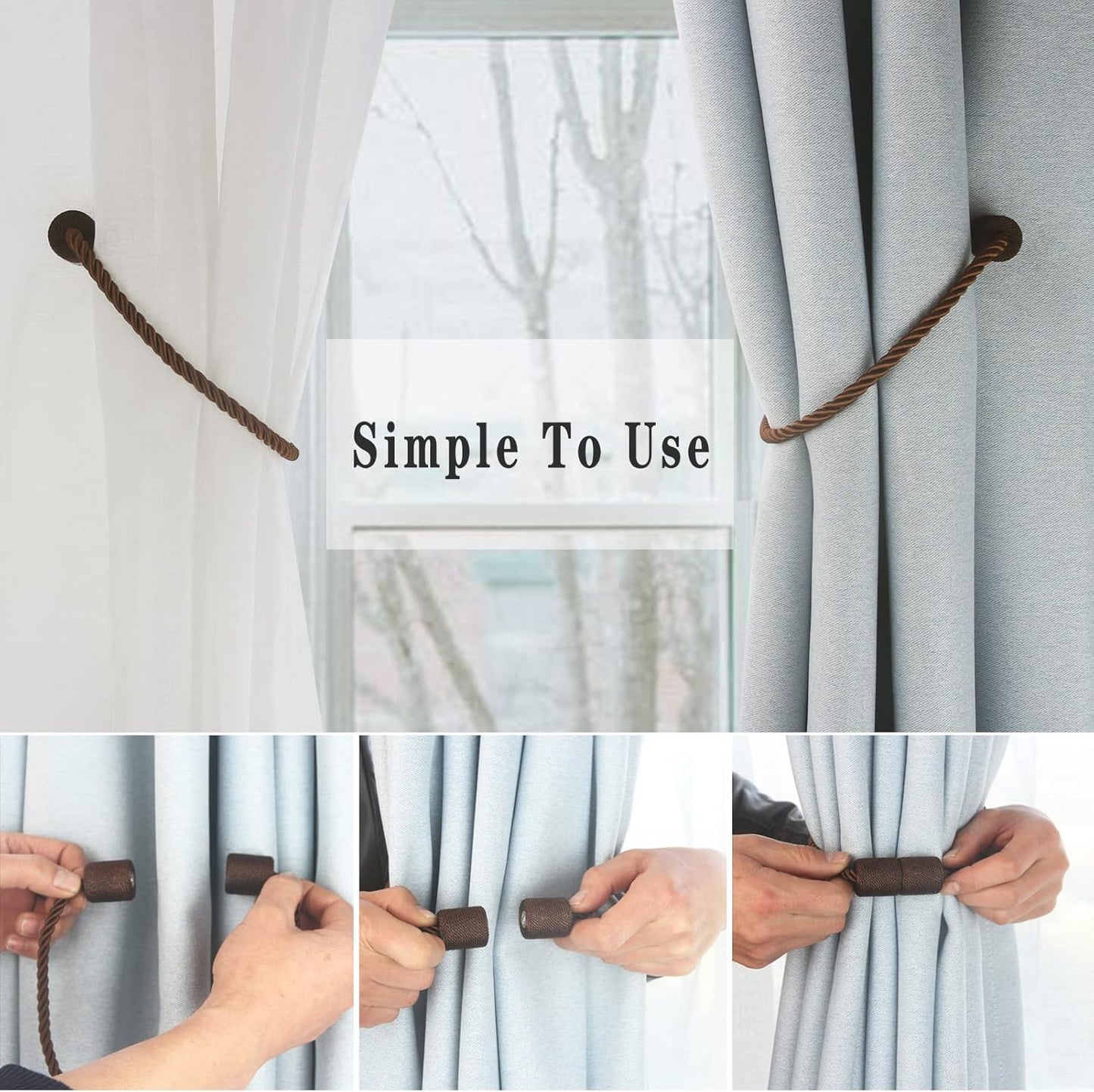 Magnetic Curtain Tiebacks 6 Pack Coffee Curtain Rope Tieback Curtain Holders for Drapes Modern Tie Backs Decorative Curtain Holdbacks