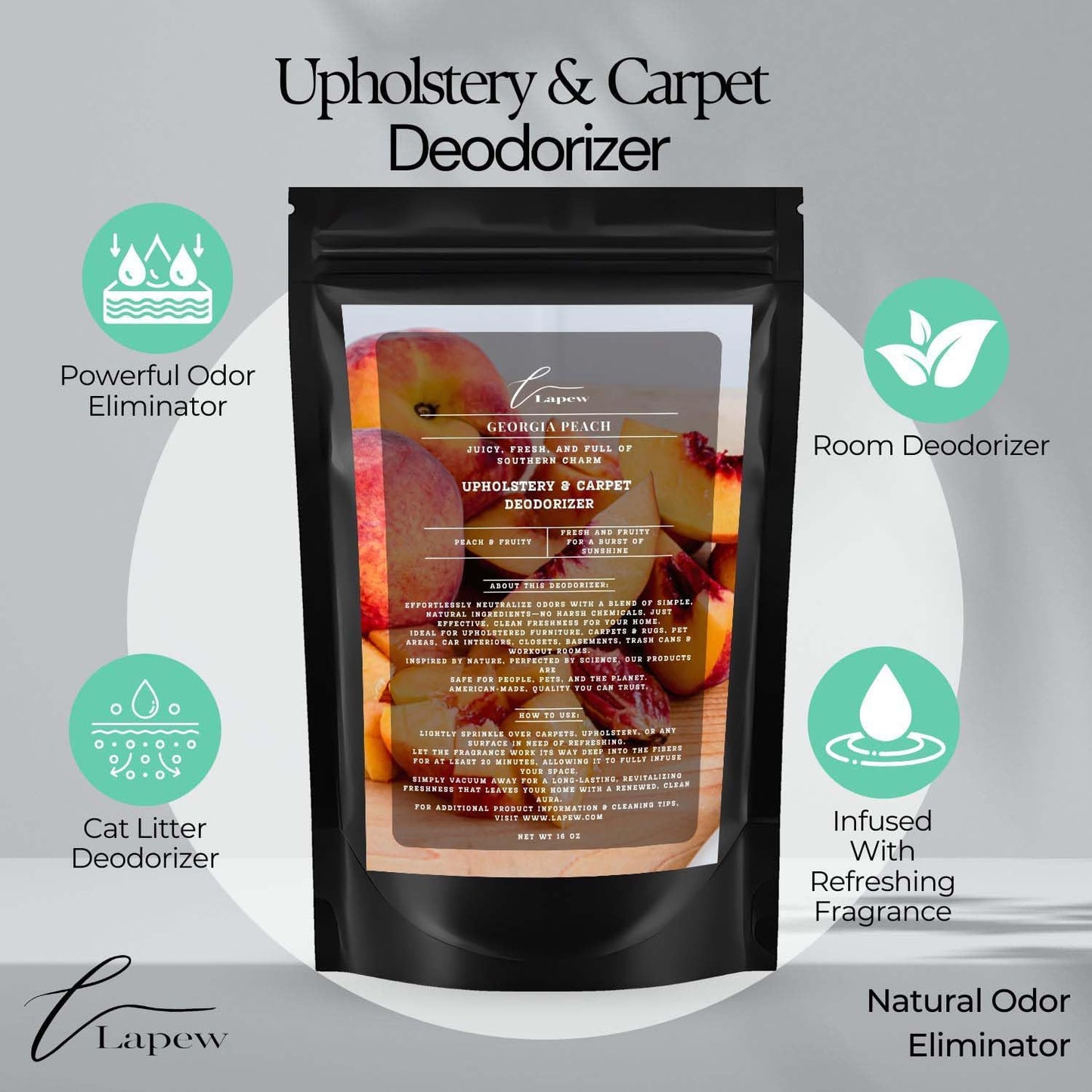 Georgia Peach Carpet Freshener Powder: Powerful Odor Eliminator for Home, Upholstery Deodorizer, Carpet Deodorizer, Pet Urine, Cat Litter Box - Georgia Peach Fragrance