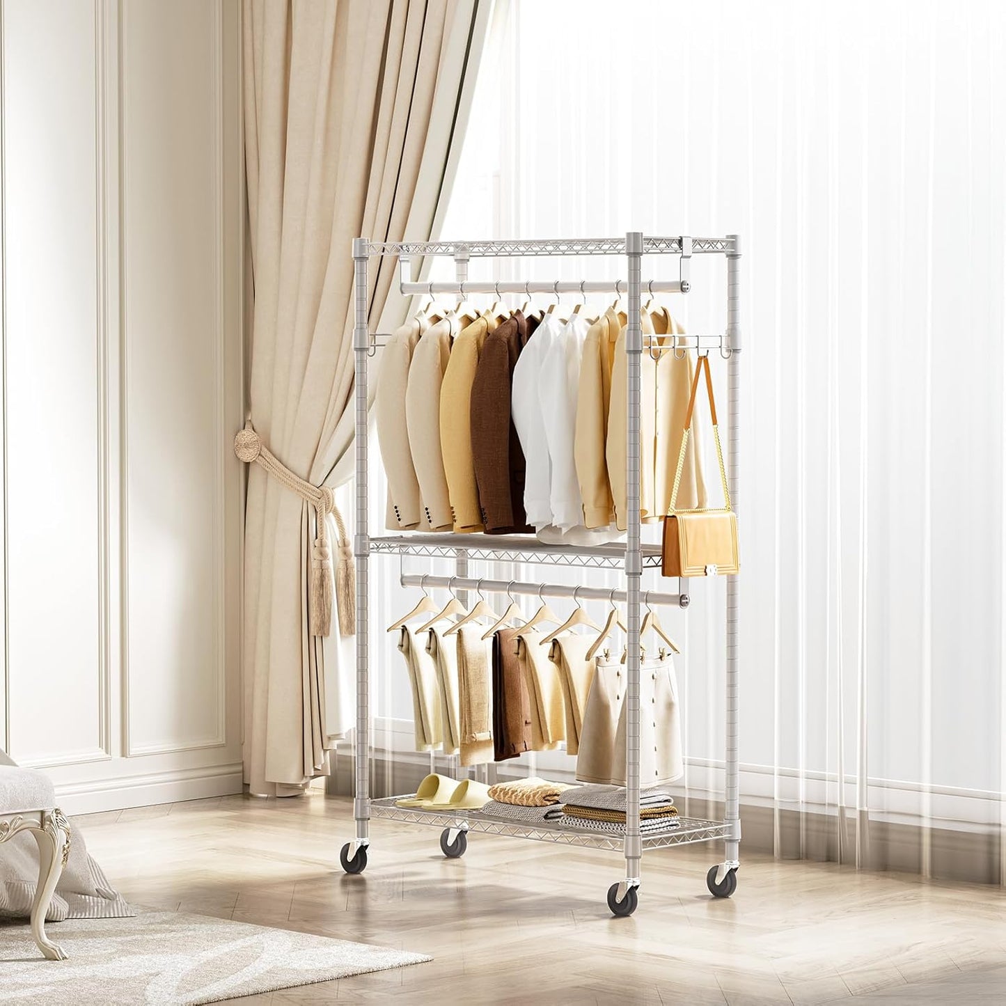 Heavy Duty Rolling Garment Rack 3 Tiers Adjustable Wire Shelving Clothes Rack with 2 Rods and Side Hooks,Storage Closet Clothing Rack with Wheels White 15.7" D x 29.5" W x 74.5" H