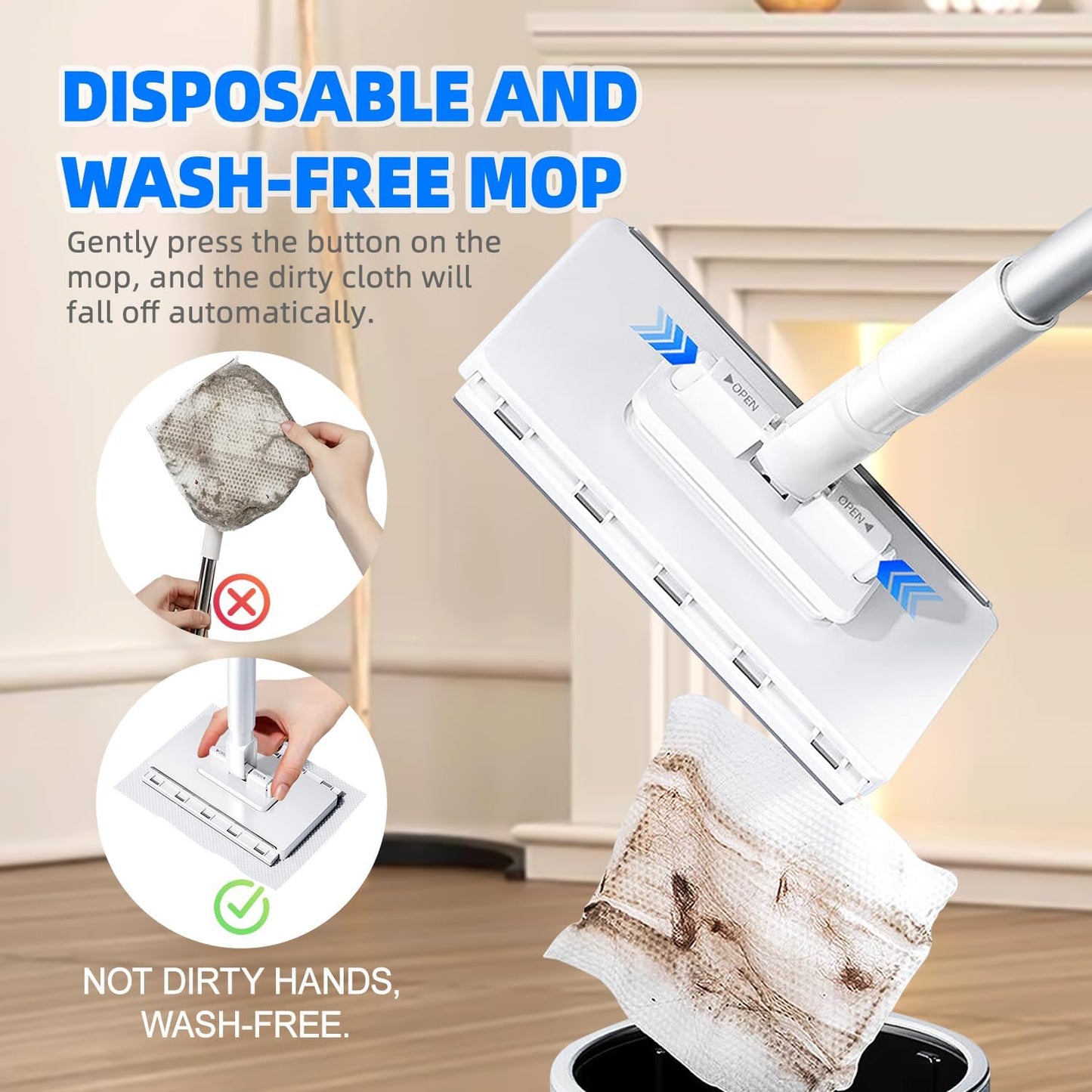 2025 New Mini Sweeper Mop No-Touch Dirty Cleaning Flat Dust Mop for Dry Wet Disposable Pads, Multi Surface Mops for House Wall Bathroom Toilet Corners (Disposable Dust Mop with 5 Clothes)
