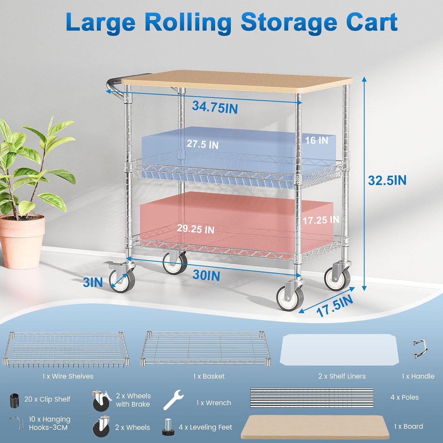 Leteuke Rolling Kitchen Carts with Wheels, 34" L x 17.5" W, 3-Tier Heavy Duty Utility Cart with Wood Tabletop, NSF Commercial Metal Serving Cart with Handle and Shelf Liner for Kitchen, Chrome