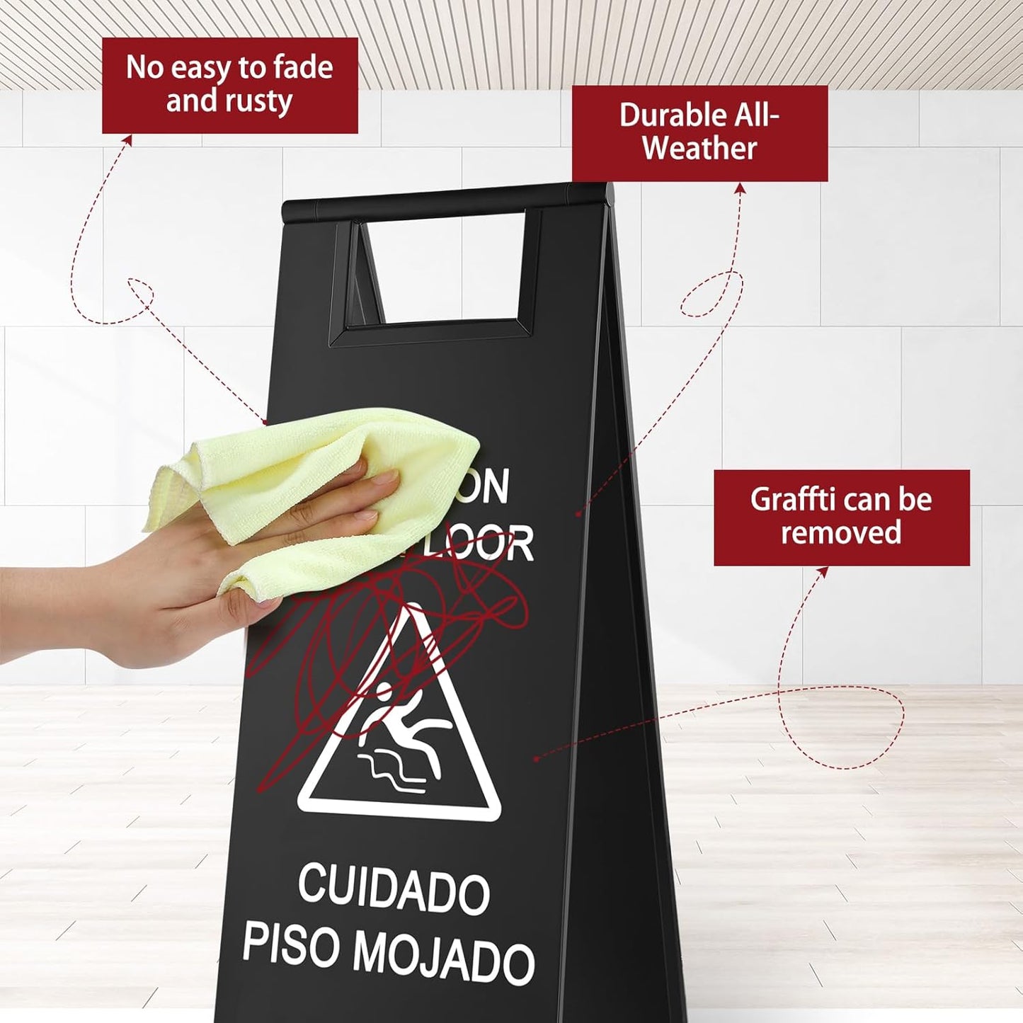 LEIFIDE 4 Pcs Stainless Steel Wet Floor Caution Sign Bulk 8.8 Pound Portable Foldable Handle Bilingual Safety Sign for Kitchen Restaurant Shop Commercial Use Avoid Fall and Slip Accident (Black)