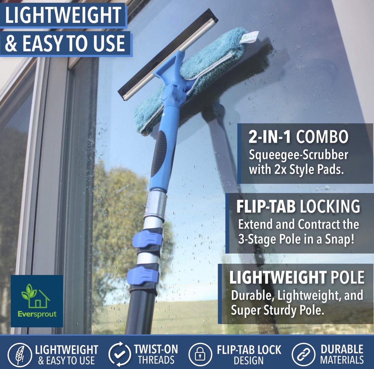 EVERSPROUT 1.5-to-3 Foot Swivel Squeegee and Microfiber Window Scrubber (8-10 Ft Standing Reach) | 2-in-1 Window & Glass Cleaning Combo | Lightweight, Aluminum Extension Pole | Includes 10-inch Blades