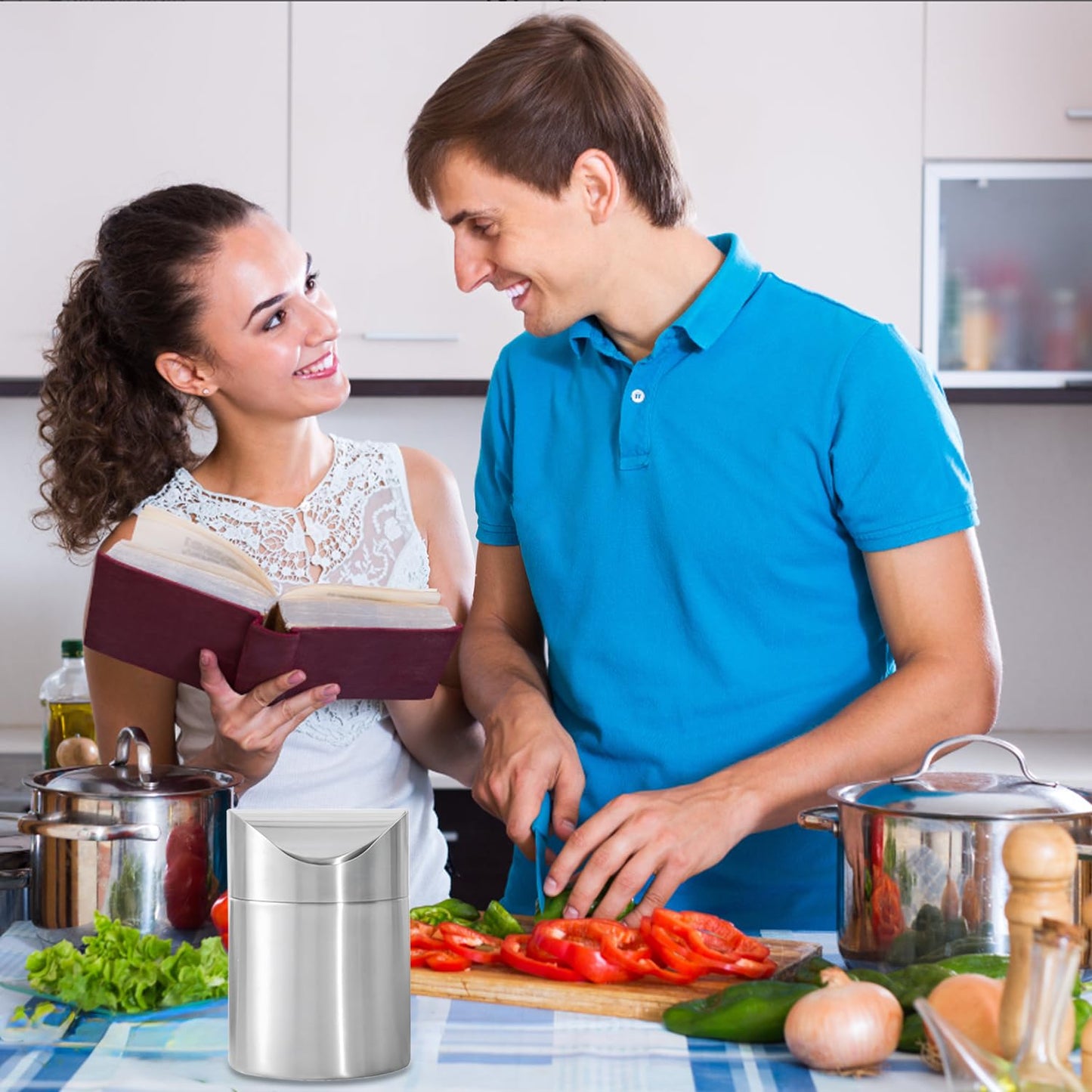 Mini Trash Can, Tiny Desktop Trash Bin with Swing Lid, Stainless Steel Bathroom Countertop Garbage Cans Kitchen Waste Bins with Trash Bag