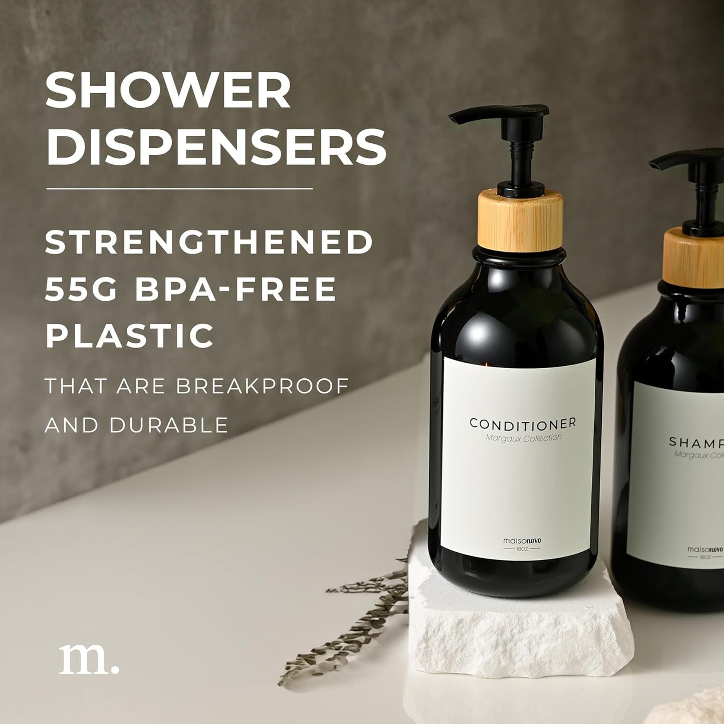 MaisoNovo Refillable Shampoo and Conditioner Bottles | 16.9 fl oz Set of 3 Black Plastic Bottles Black Bamboo Pumps