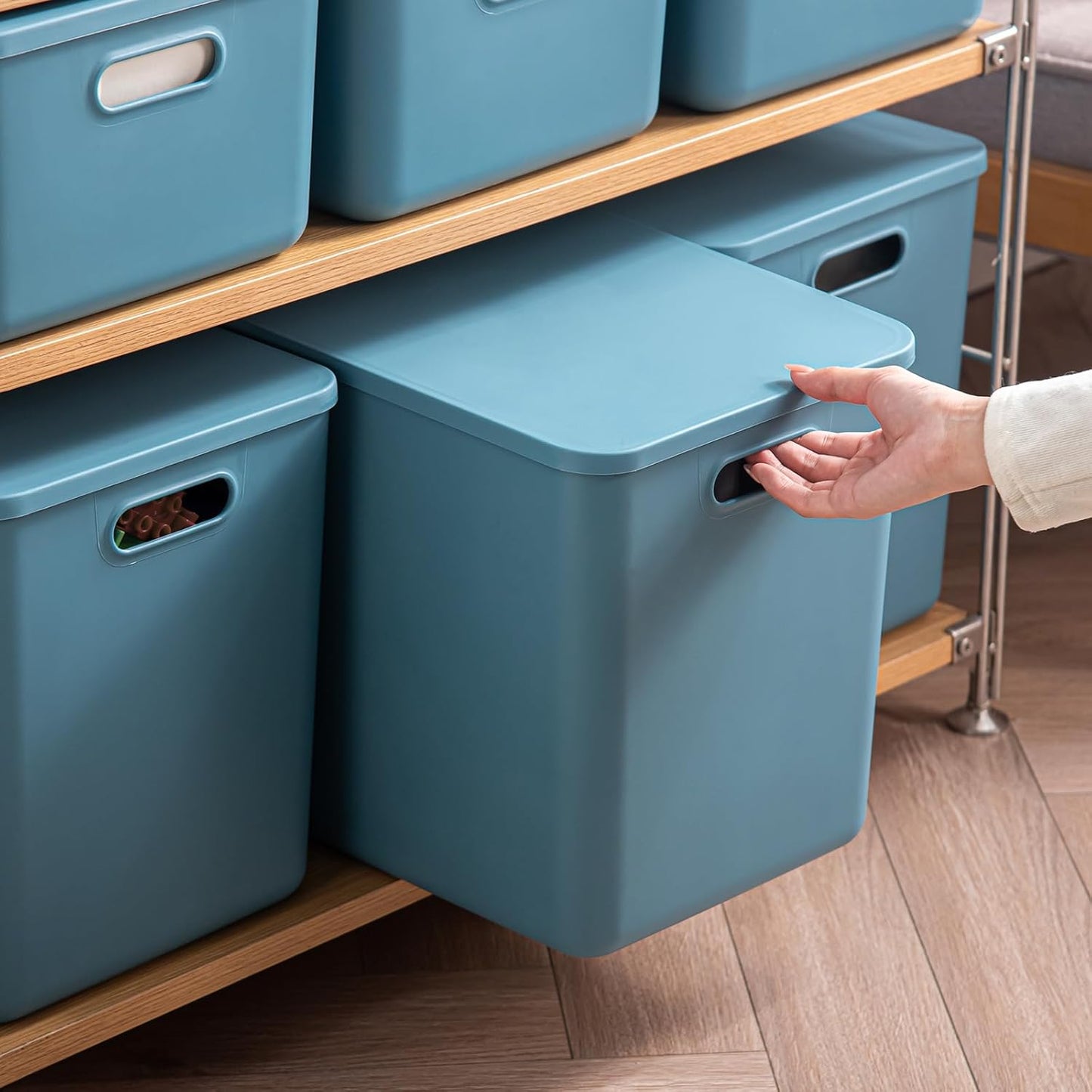 Plastic Storage Bins with lids,Storage Baskets,Container with handle,Storage Organizer Bins for Shelves,Office,Bedrooms,Closets, Cabinets (Blue, 5XL+2L)