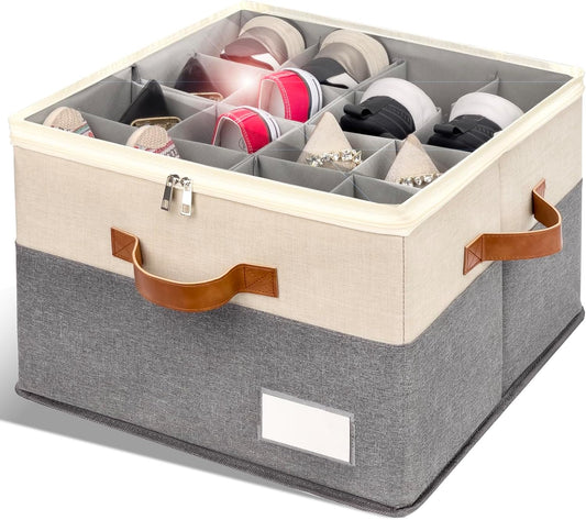 Shoe Organizer for Closet, Foldable Shoe Storage Bins with Clear Cover, Space Saving Shoes Holder with 4 Handles, Large Adjustable Shoe Box Storage Containers, Fits 8-16 Pairs, 1 Pack, Beige