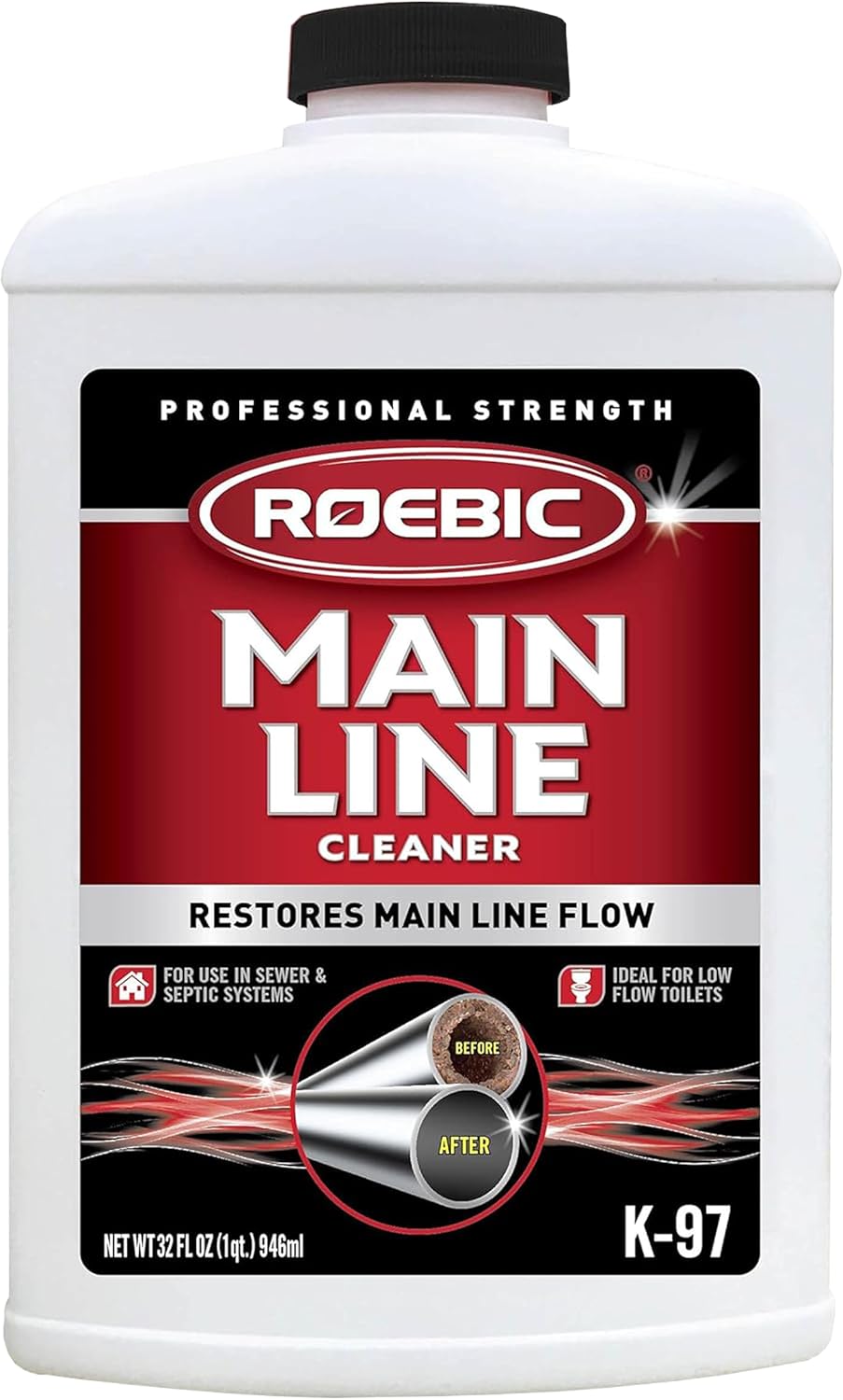 Roebic K-97 Liquid Main Line Cleaner with Bacteria Enzymes, Eliminates Organic Buildup in Sewer/Septic System and Protects from Clogs, Safe for Bathroom Toilet, 32 fl oz